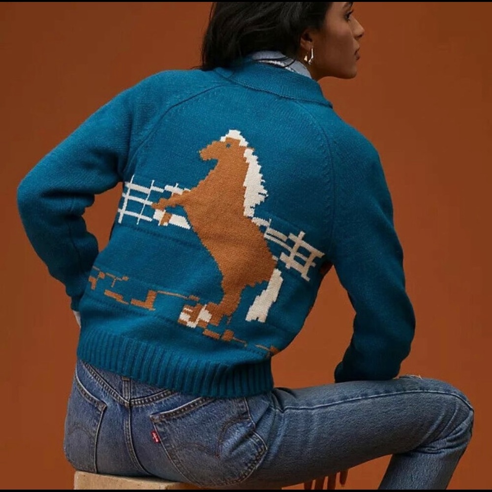 NWT Anthropologie Horse Zip-Front Cardigan Teal Sweater